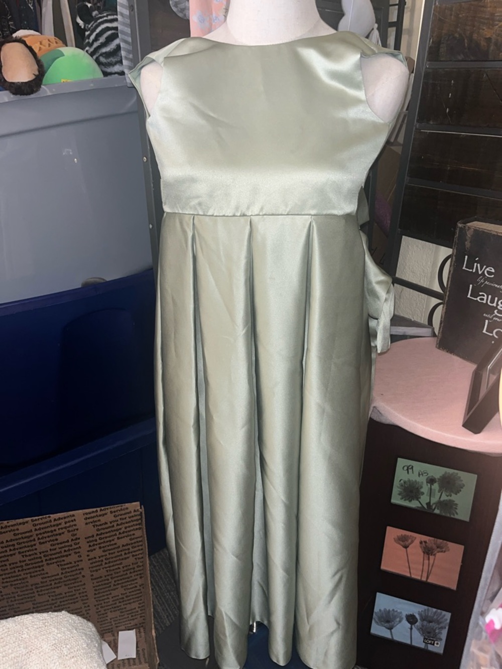 Girls' Satin Formal Dress in Sage Green with Side Tie